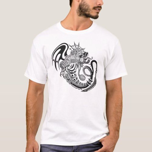 Black  White Ornate Dragon Design T_Shirt