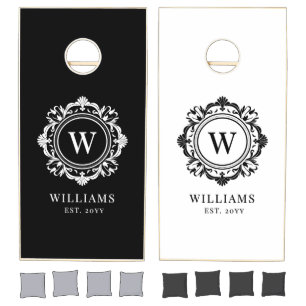 Black White Ornate Floral Monogram Wedding Elegant Cornhole Set