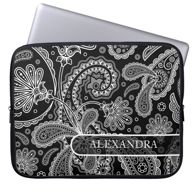 Black & White Ornate Floral paisley Pattern Laptop Sleeve (Front)