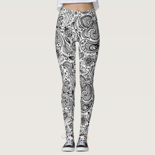 Black  White Ornate Floral Paisley Pattern Leggings