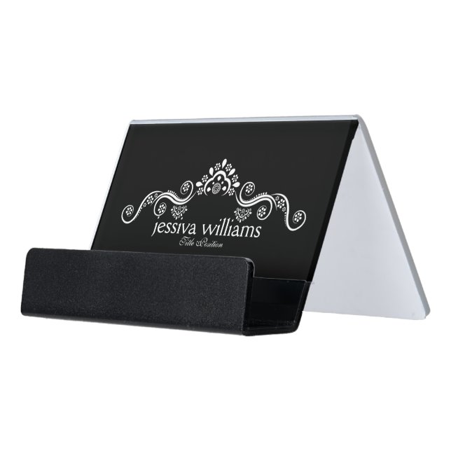 Black & White Ornate Frame Border Desk Business Card Holder (Angled Front)