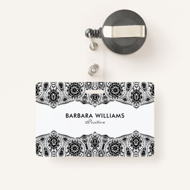 Black & White Ornate Lace Border Badge (Back with Retractable)