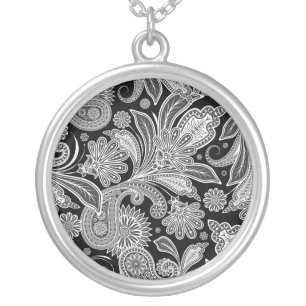 Black & White Ornate Paisley Silver Plated Necklace