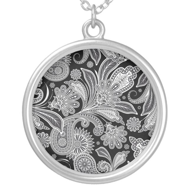 Black & White Ornate Paisley Silver Plated Necklace (Front)