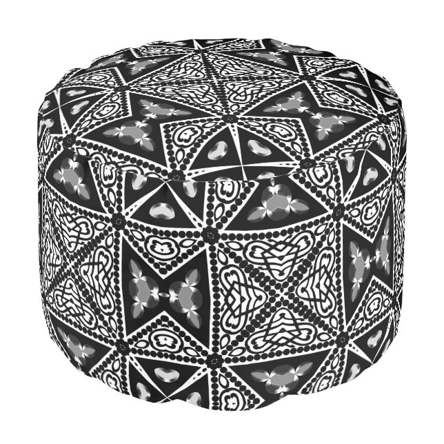 Black White Ornate Tribal Geometric Pattern Pouf (Angled Front)