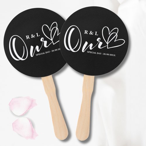 Black White Our Hearts Wedding  Anniversary Hand Fan