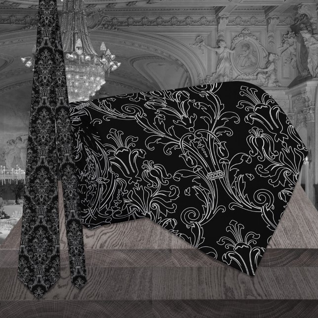 Black & White Outline Floral Damask Wedding Neck Tie (Creator Uploaded)