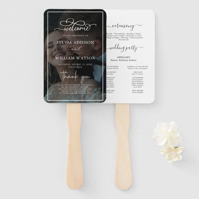 Black & White Overlay Photo Wedding Programs Hand Fan (Front and Back)