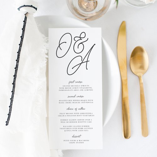 Black  White Oversized Script Monogram Wedding Menu