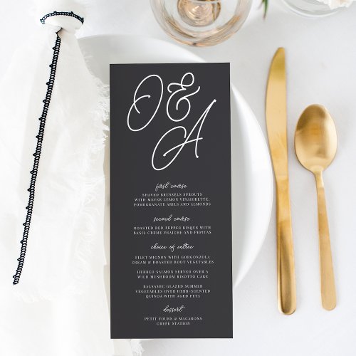 Black  White Oversized Script Monogram Wedding Menu