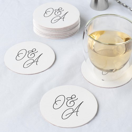 Black  White Oversized Script Monogram Wedding Round Paper Coaster