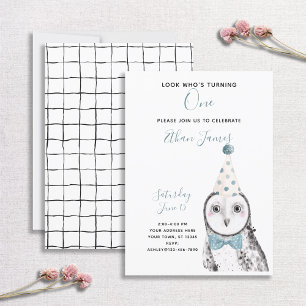 Black & White Owl 1st Birthday Boy Party Invitation