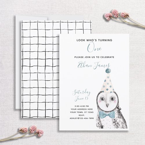 Black  White Owl 1st Birthday Boy Party Invitation