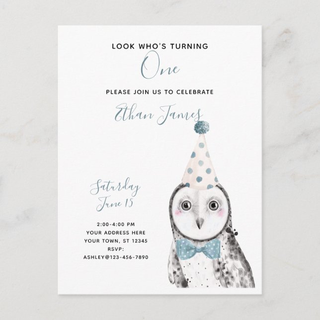 Black & White Owl 1st Birthday Boy Party Invitation Postcard (Front)