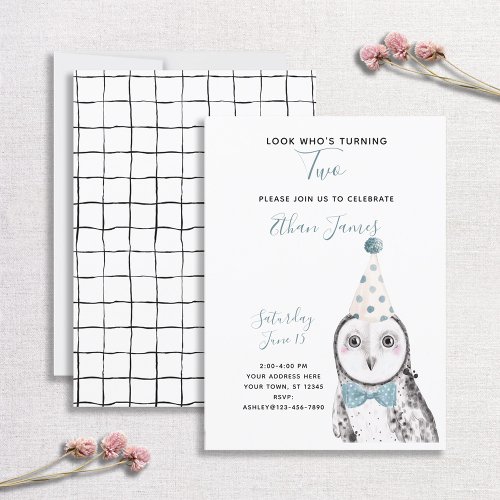 Black  White Owl 2nd Birthday Boy Party Invitation