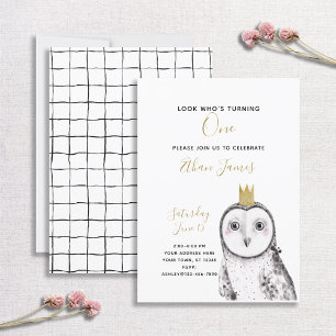 Black & White Owl Baby 1st Birthday Party Invitation