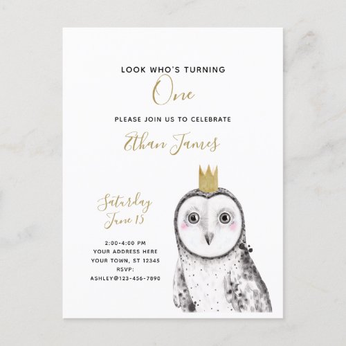 Black  White Owl Baby 1st Birthday Party Invitation Postcard