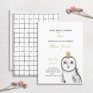 Black & White Owl Baby 2nd Birthday Party Invitation