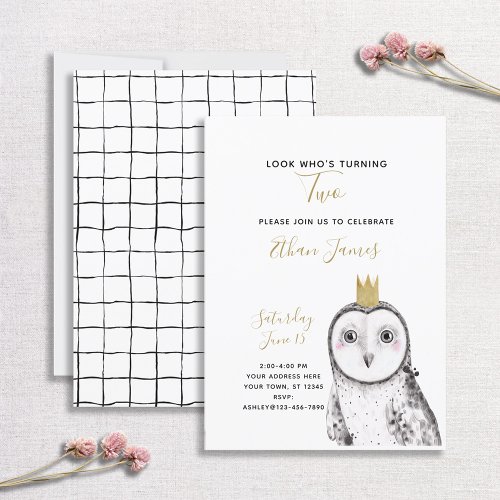 Black  White Owl Baby 2nd Birthday Party Invitation