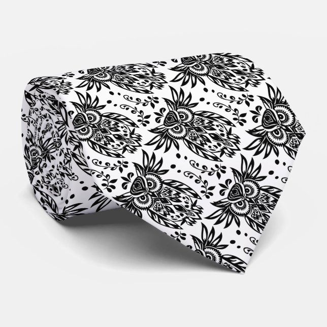 Black White Owl Bird Nature Wildlife Art Neck Tie (Rolled)