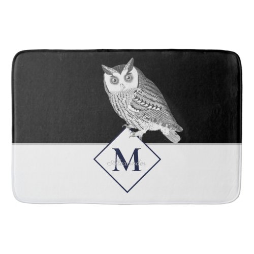 Black White Owl Gray Monogram name Bathroom Bath Mat