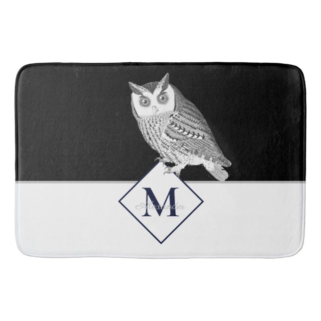 Black White Owl Gray Monogram name Bathroom Bath Mat (Front)