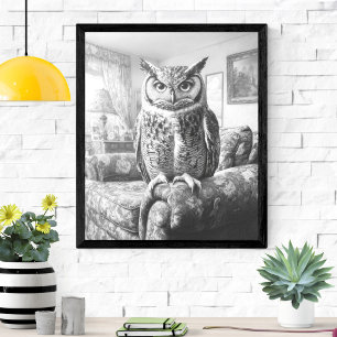 Black White Owl on Living Room Chair Illustration Poster