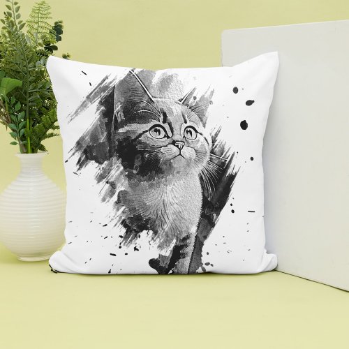 Black  White Painting Cat Throw Pillow