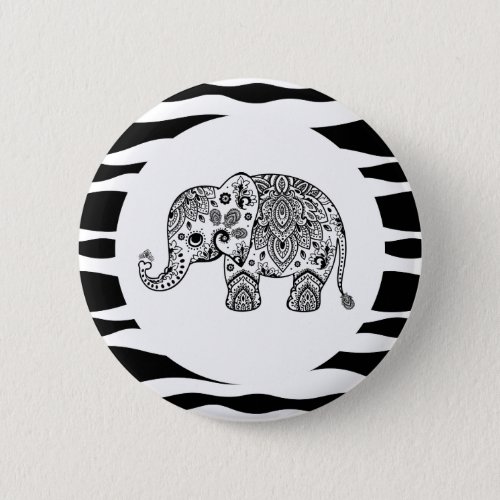 Black  White Paisley Elephant Cover Zebra Stripes Button