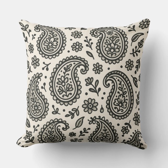Black & White Paisley Floral Pattern Throw Pillow (Front)