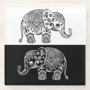 Black & White Paisley Lace Elephant Illustration Glass Coaster
