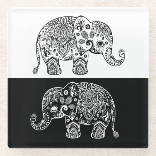 Black  White Paisley Lace Elephant Illustration Glass Coaster