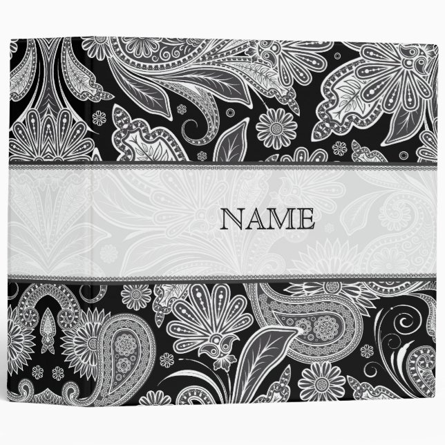 Black & White Paisley Pattern 3 Ring Binder (Front/Spine)