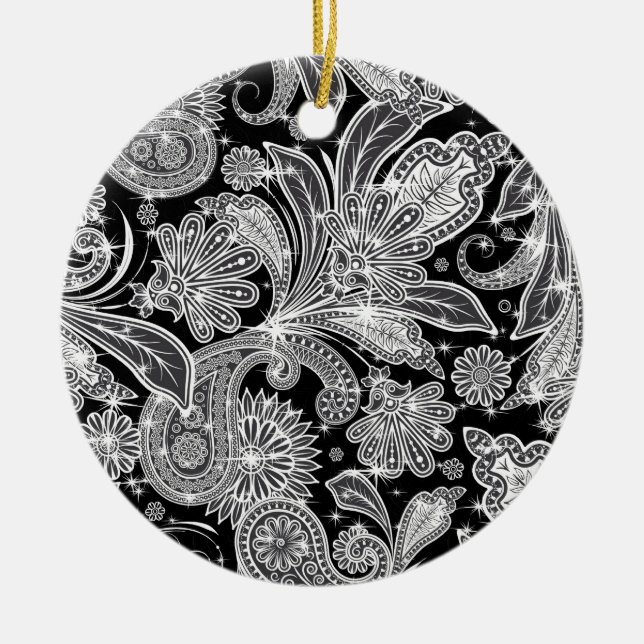 Black & White Paisley Pattern Ceramic Ornament (Front)