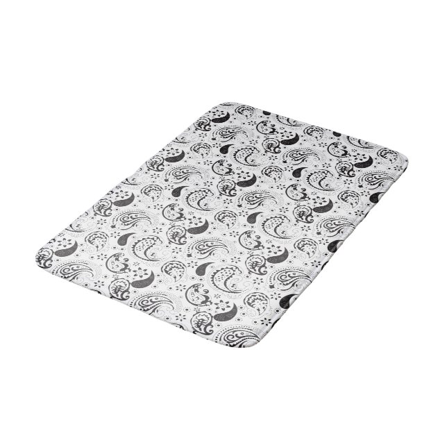 Black & White Paisley Pattern –Elegant Textile Art Bath Mat (Angled)