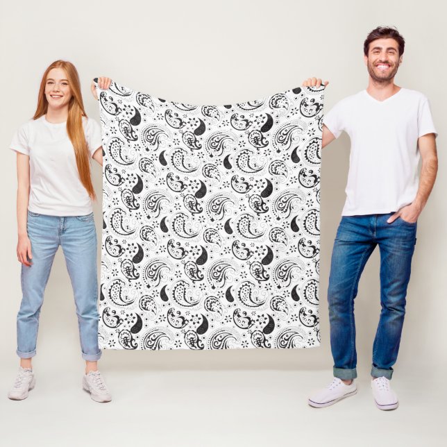 Black & White Paisley Pattern –Elegant Textile Art Fleece Blanket (In Situ)