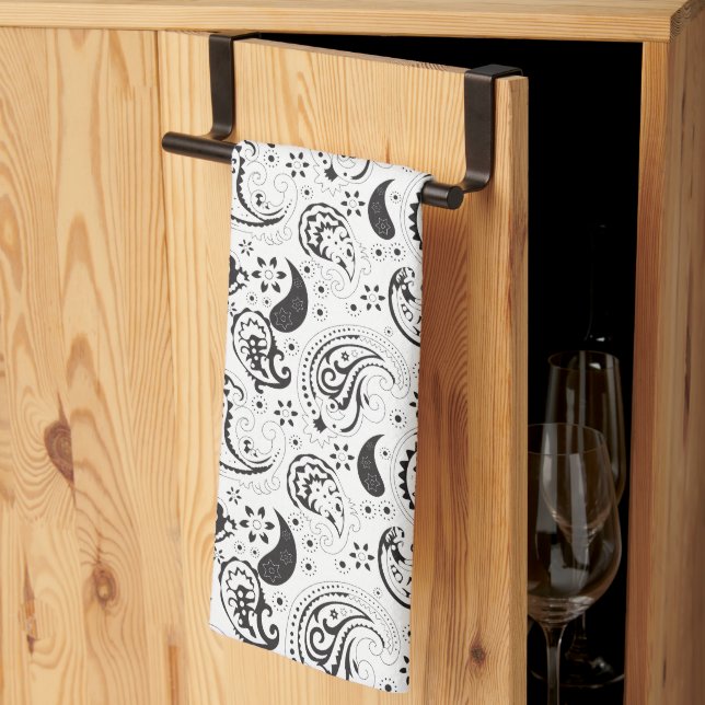 Black & White Paisley Pattern –Elegant Textile Art Kitchen Towel (Thirds Fold)