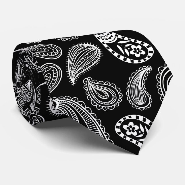 Black white Paisley pattern Neck Tie (Rolled)