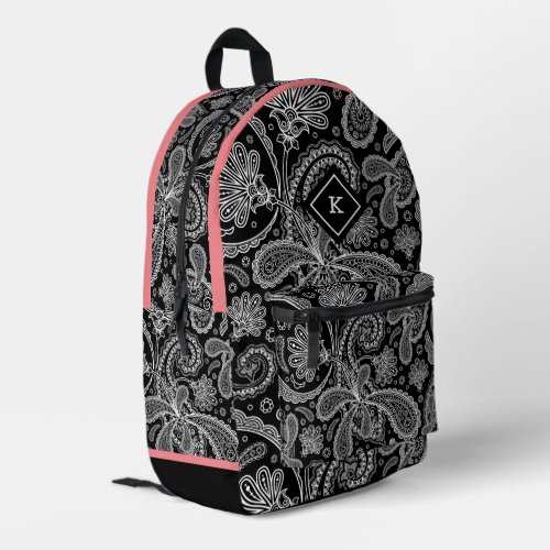 Black white paisley pattern pink accent monogram printed backpack