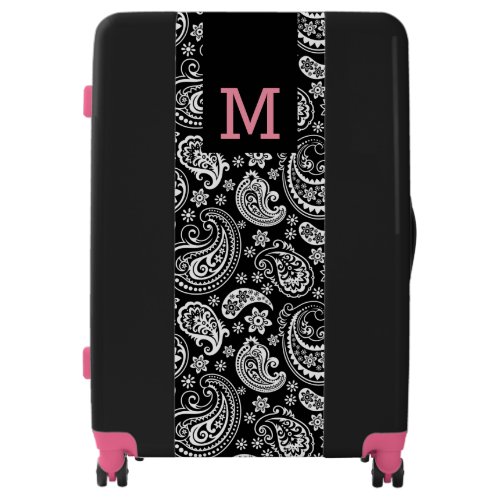 Black  White Paisley Pattern Pink Monogram Luggage