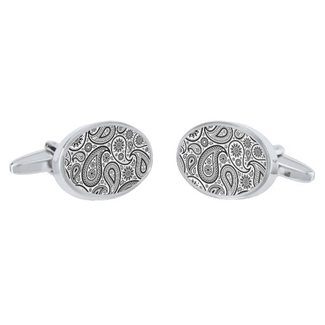 Black & White Paisley Pattern Silver Cufflinks (Angled)