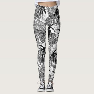 Black & white palm leafs pattern, tropical jungle leggings