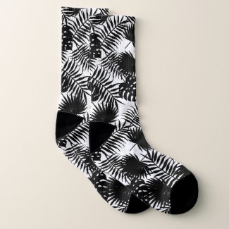 Black & white palm leafs pattern, tropical jungle socks