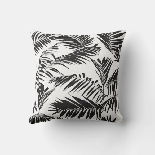 Black White Palm Leaves Pattern Throw Pillow