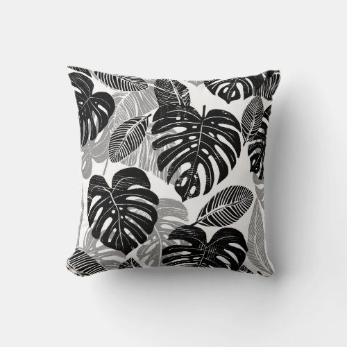 Black White Palm Leaves Throw Pillow