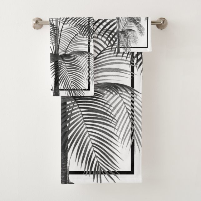 Black White Palm Tree Monogram Tropical Elegant Bath Towel Set (Insitu)