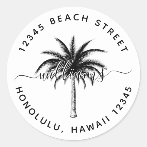 Black  White Palm Tree Return Address Classic Round Sticker