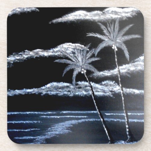 Black  White Palm Trees Beverage Coaster