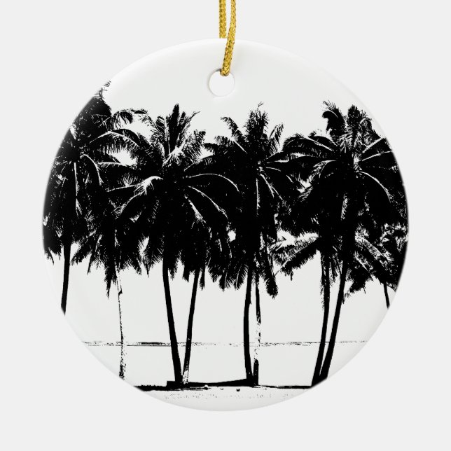 Black White Palm Trees Silhouette Ceramic Ornament (Front)
