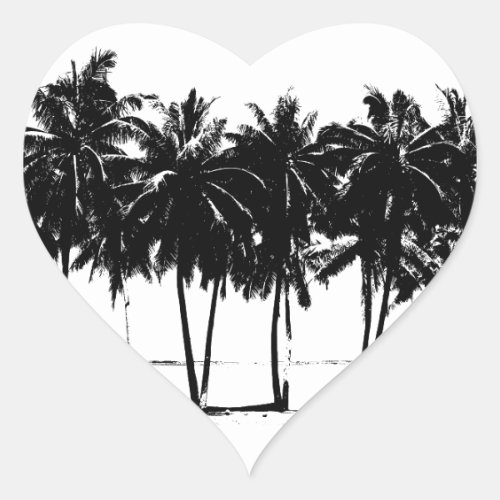 Black White Palm Trees Silhouette Heart Sticker